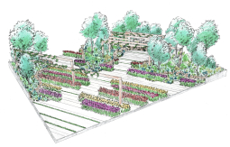 Visualisierung der JardinSuisse-Sonderschau «grünstattgrau». Der JardinSuisse-Auftritt bildet einen Spannungsbogen von formalen, urbanen Gestaltungselementen bis hin zum naturbelassenen Gartenraum in all seinen Facetten. Die architektonisch bepflanzte Piazza geht dabei in eine naturnahe Gehölz- und Staudenpflanzung über.